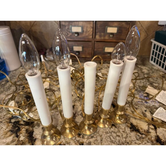 5 Electric Window Candle Lamps with Brass Plated Base, On/Off Switch, Light Bulb - Picture 1 of 4